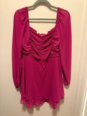 Fuchsia Ruched Long Sleeve Mini Dress
